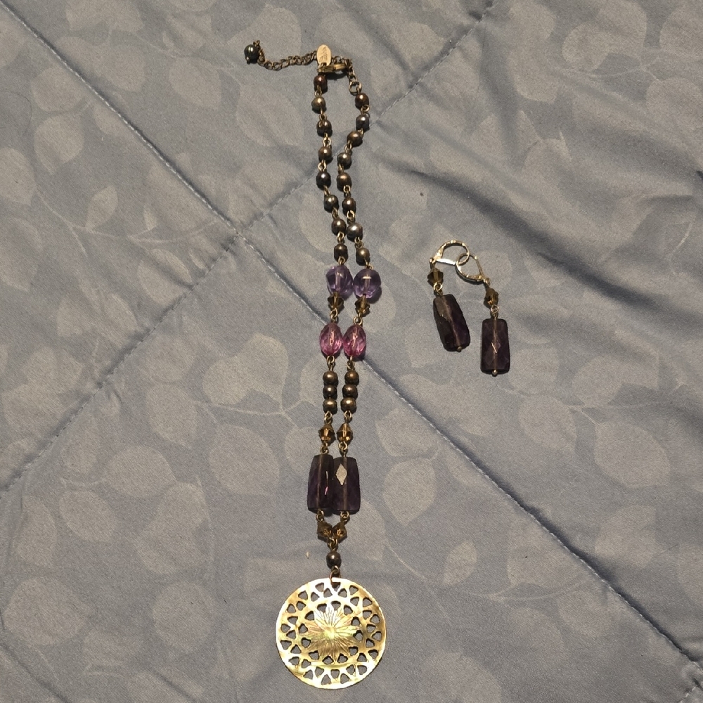 Lia Sophia Purple Bead Necklace with Gold Filigree Pendant and Matching Earrings
